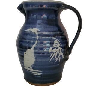 Blue White Stoneware Pitcher Pottery Jug Handmade Signed Bamboo Ewer 8"